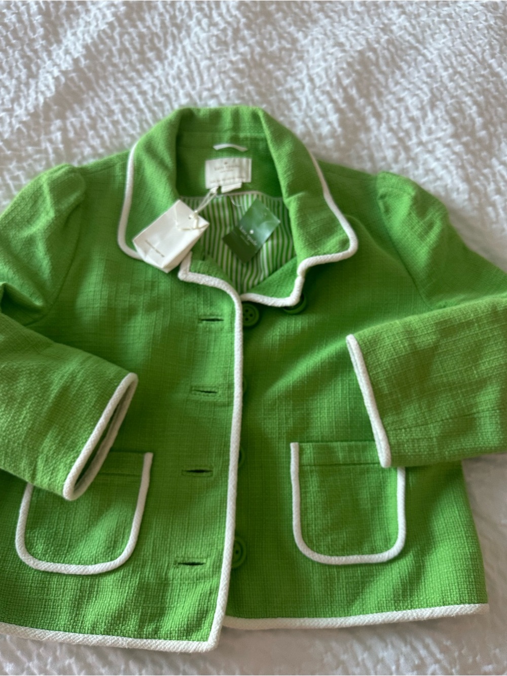 kate spade Bright Lime Green Bouclé Cropped Jacket with White Trim - Picture 2 of 12